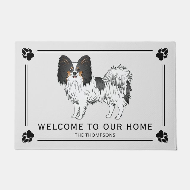 Tricolor Papillon Cute Dog With Custom Text Doormat (Front)