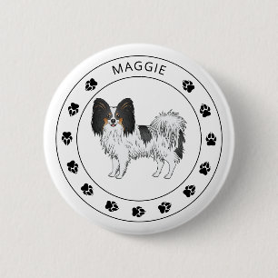 Tricolor Papillon Cute Dog With Name And Paws 6 Cm Round Badge