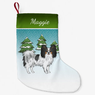 Tricolor Papillon Cute Happy Dog In Winter Forest Small Christmas Stocking