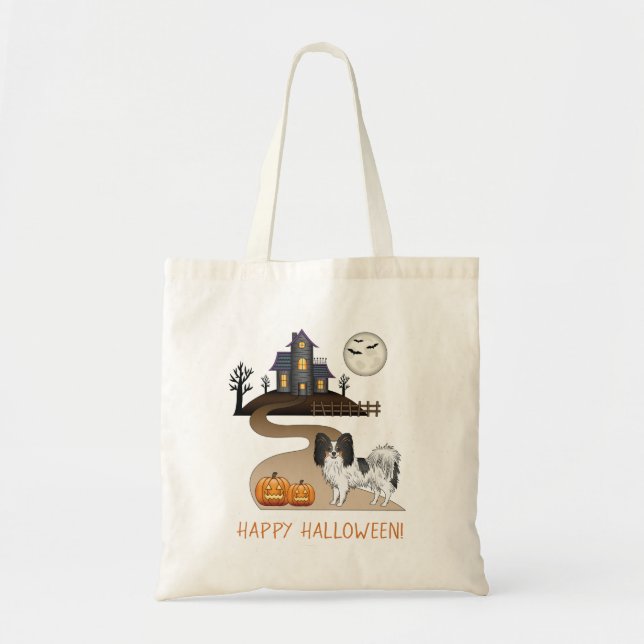 Tricolor Papillon Dog And Halloween Haunted House Tote Bag (Front)