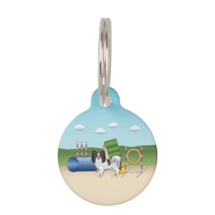 Tricolor Papillon Dog With Agility Equipment Pet Tag