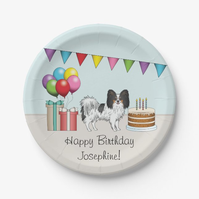 Tricolor Papillon Happy Dog Colourful Birthday Paper Plate (Front)