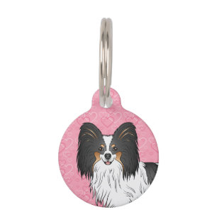 Tricolor Papillon Happy Dog Head On Pink Hearts Pet Tag