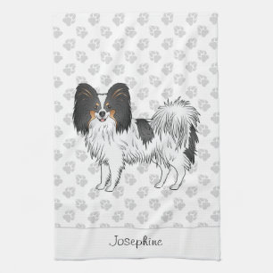 Tricolor Papillon Happy Dog With Paws And Name Tea Towel