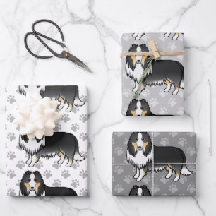 Tricolor Rough Collie Cute Cartoon Dog Pattern Wrapping Paper Sheet