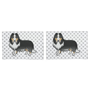 Tricolor Rough Collie Cute Cartoon Dog & Paws Pillowcase
