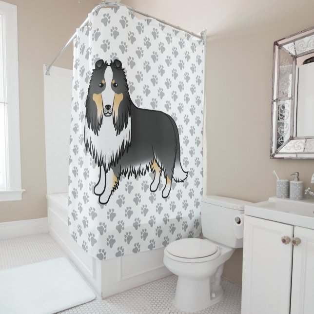 Tricolor Rough Collie Cute Cartoon Dog & Paws Shower Curtain (In Situ)