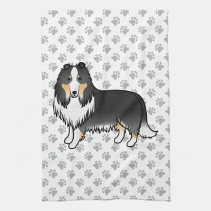Tricolor Rough Collie Cute Cartoon Dog & Paws Tea Towel