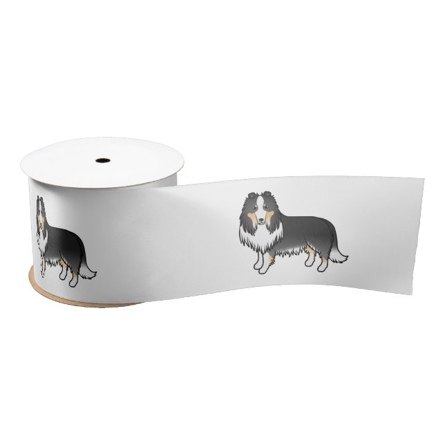 Tricolor Rough Collie Cute Cartoon Dog Satin Ribbon (Spool)