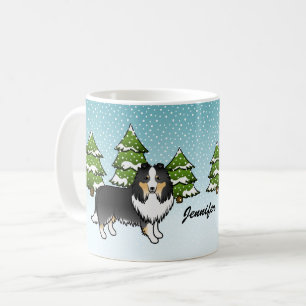 Tricolor Sheltie Cartoon Dog In Winter & Name Coffee Mug