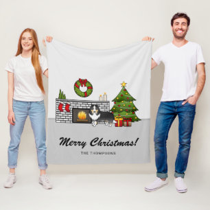 Tricolor Sheltie Dog In A Christmas Room & Text Fleece Blanket