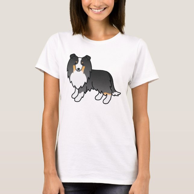 Tricolor Shetland Sheepdog Cartoon Dog Drawing T-Shirt (Front)