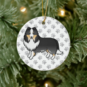 Tricolor Shetland Sheepdog Cartoon Dog & Paws Ceramic Tree Decoration
