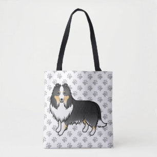 Tricolor Shetland Sheepdog Cartoon Dog & Paws Tote Bag