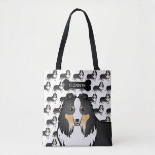 Tricolor Shetland Sheepdog Dog And Bone & Name Tote Bag