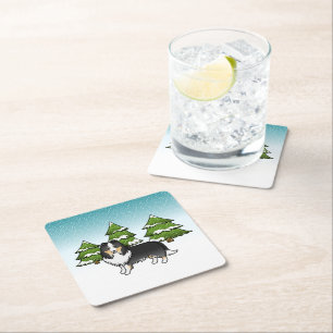 Tricolor Shetland Sheepdog In A Winter Forest Square Paper Coaster