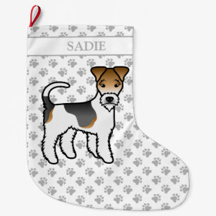 Tricolor Wire Fox Terrier Cute Cartoon Dog & Name Large Christmas Stocking