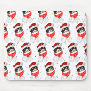 Tricolored Cat Christmas Watercolor with Scarf Mouse Pad