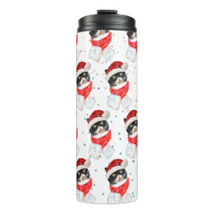 Tricolored Cat Christmas Watercolor with Scarf Thermal Tumbler
