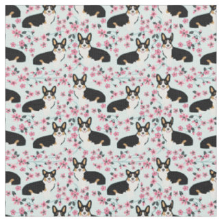 Tricolored Corgi Cherry Blossom fabric - blue