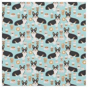 Tricolored Corgi Coffee fabric - blue