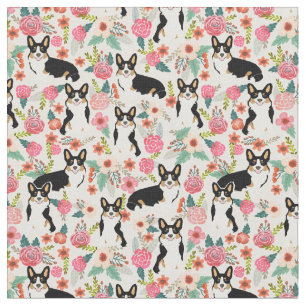 tricolored corgi dog vintage florals cream fabric