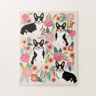 Tricolored Corgi Dog Vintage Florals Jigsaw Puzzle