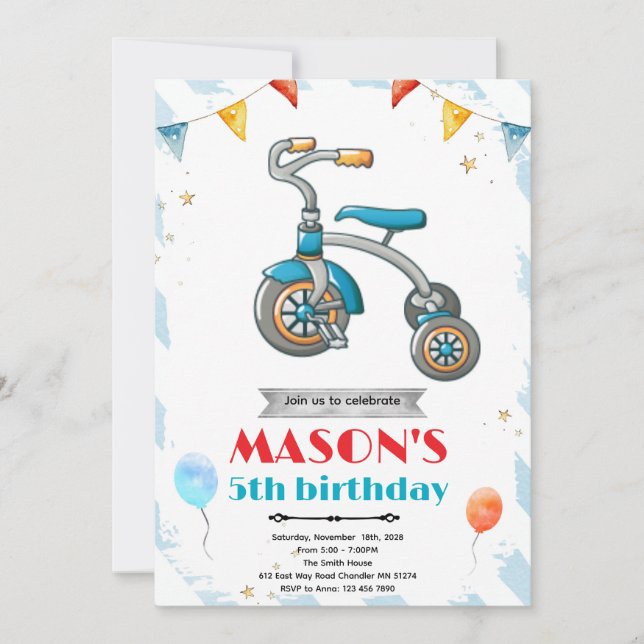 Tricycle birthday party invitation (Front)