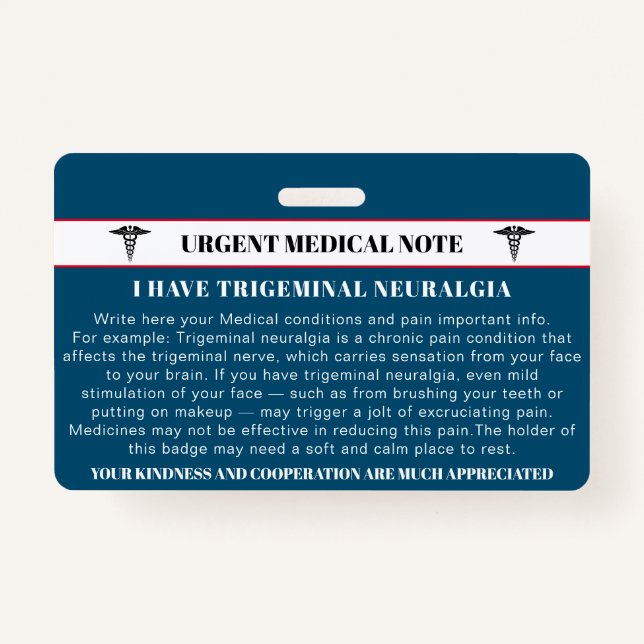 Trigeminal Neuralgia Emergency Medical Card ID Badge (Front)