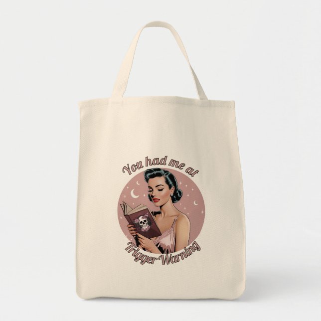 Trigger Warning Pin Up Reader Tote Bag (Front)