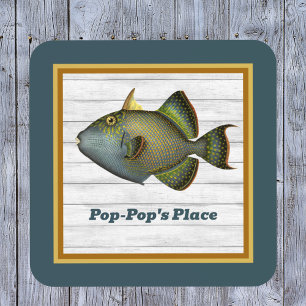 Triggerfish in Deep Teal Gold and Orange with Name Coaster