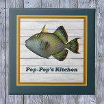 Triggerfish in Deep Teal Gold and Orange with Name Tile<br><div class="desc">This amazing vintage image of Pseudobalistes fuscus, commonly called the Blue or Yellow-Spotted Triggerfish, is a cheery addition to your home. Customise the text to add your name, or a different room if you display the tile elsewhere. Make sure to personalise the text where indicated. It's bordered in a complementary...</div>
