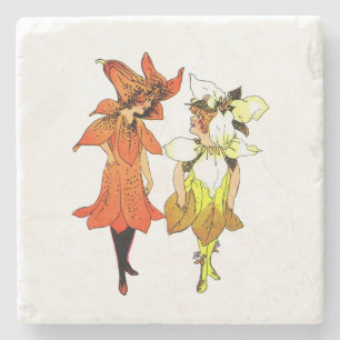 Trillium and Tiger-Lily, Whimsical Flower Book Art Stone Coaster