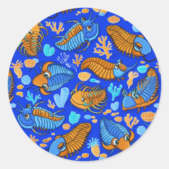 Trilobites on dark blue background (kids pattern) classic round sticker (Front)