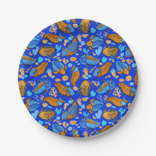 Trilobites on dark blue background (kids pattern) paper plate