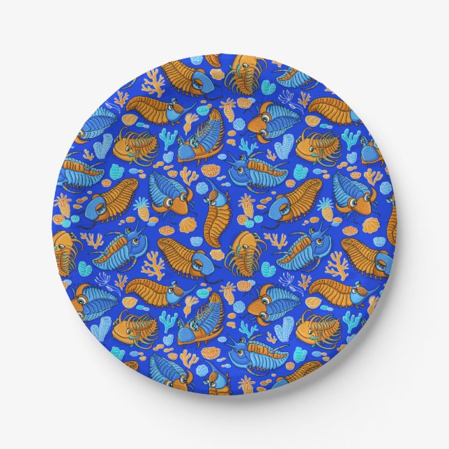 Trilobites on dark blue background (kids pattern) paper plate (Front)