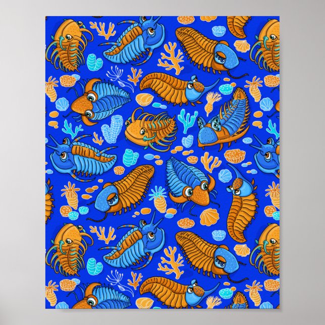 Trilobites on dark blue background (kids pattern) poster (Front)