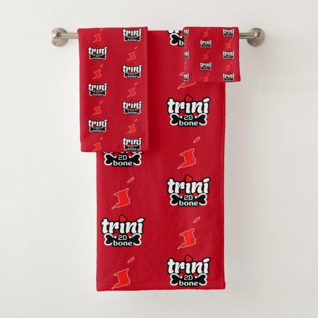 Trini to de Bone with the Twin Island Map on RED Bath Towel Set (Insitu)