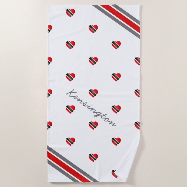 Trinidad and Tobago Heart Flag with Name on WHITE Beach Towel (Front)