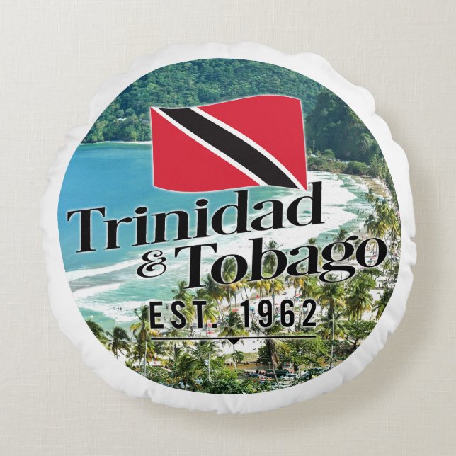 "Trinidad & Tobago Est. 1962" Beach With Flag Round Cushion (Front)