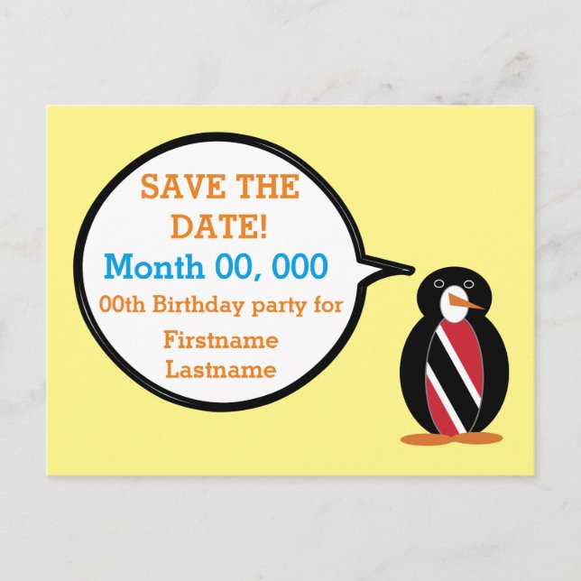 Trinidad Tobago Talking Ms. Penguin Save the Date Announcement Postcard (Front)