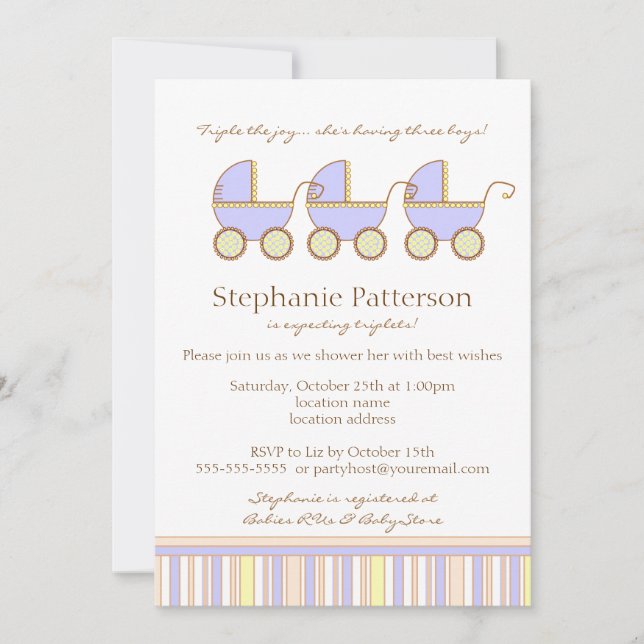 Trio Carriage Triplet Baby Boys Shower Invitation (Front)