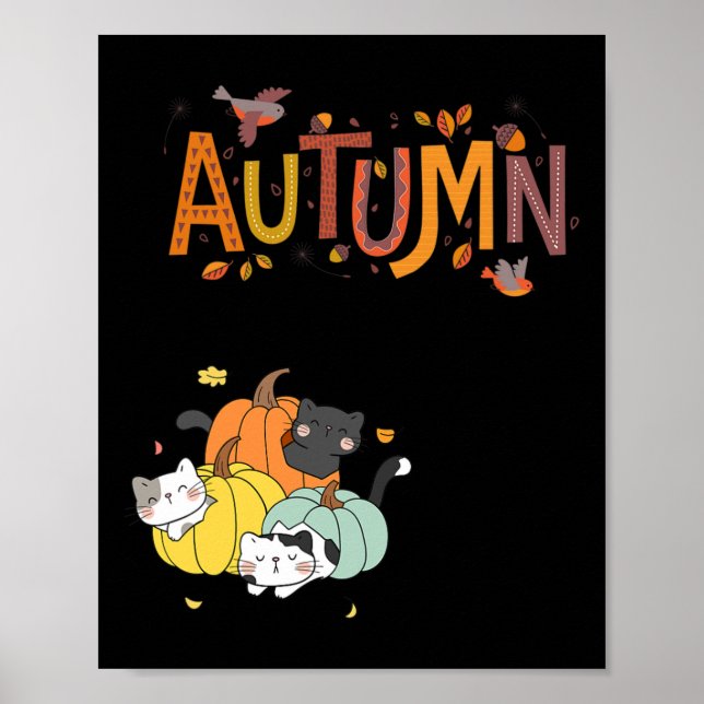 Trio Cute Pumpkin Cats Hello Fall Autumn Funny  Poster (Front)