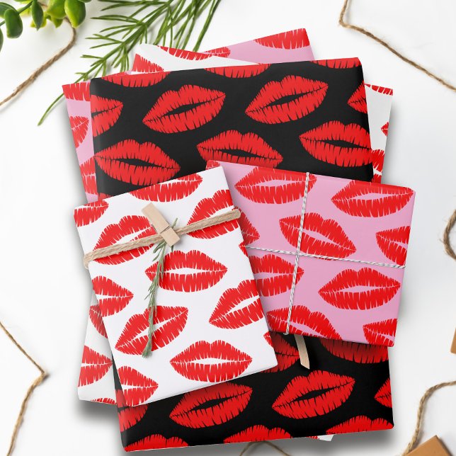 Trio Lipstick Kiss Pattern Wrapping Paper Sheets (Lots of lovely kisses on these wrapping paper sheets. Perfect for gifts wrapped with love)