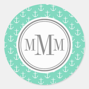 Trio Monogram Mint White Anchor Pattern Classic Round Sticker