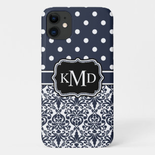 Trio Monogrammed Navy Damask Case-Mate iPhone Case