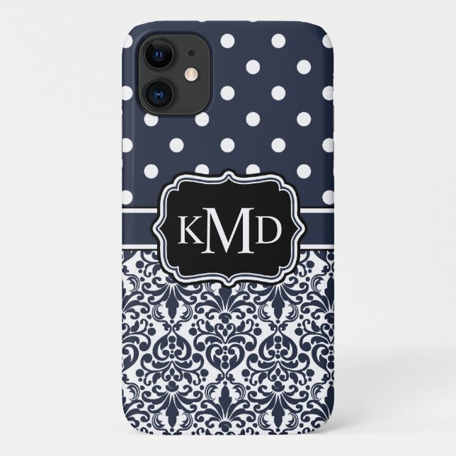 Trio Monogrammed Navy Damask Case-Mate iPhone Case (Back)