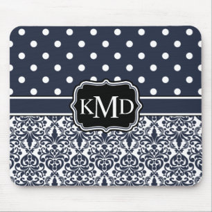 Trio Monogrammed Navy Damask Mouse Pad