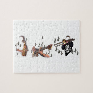 Trio, musicians , abstract guitar, trombone, sax, jigsaw puzzle