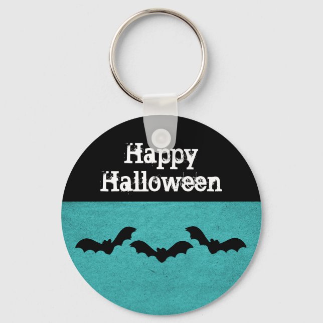 Trio of Bats Halloween Keychain, Teal Key Ring (Front)